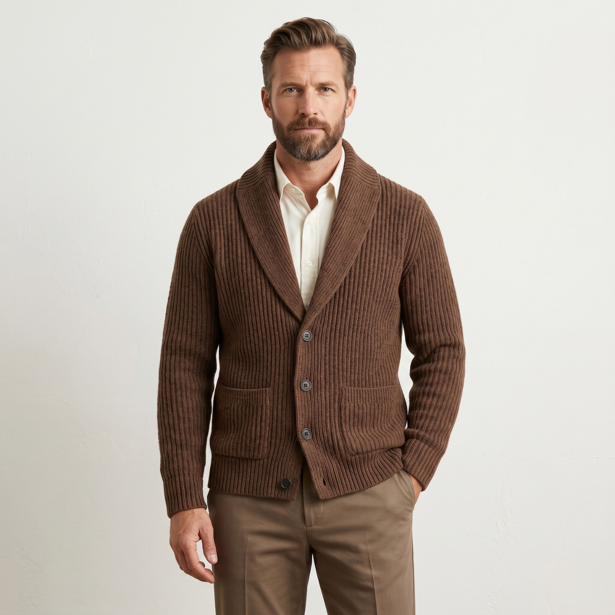 Men's chunky knit shawl-collar cardigan, brown with button front and patch pockets