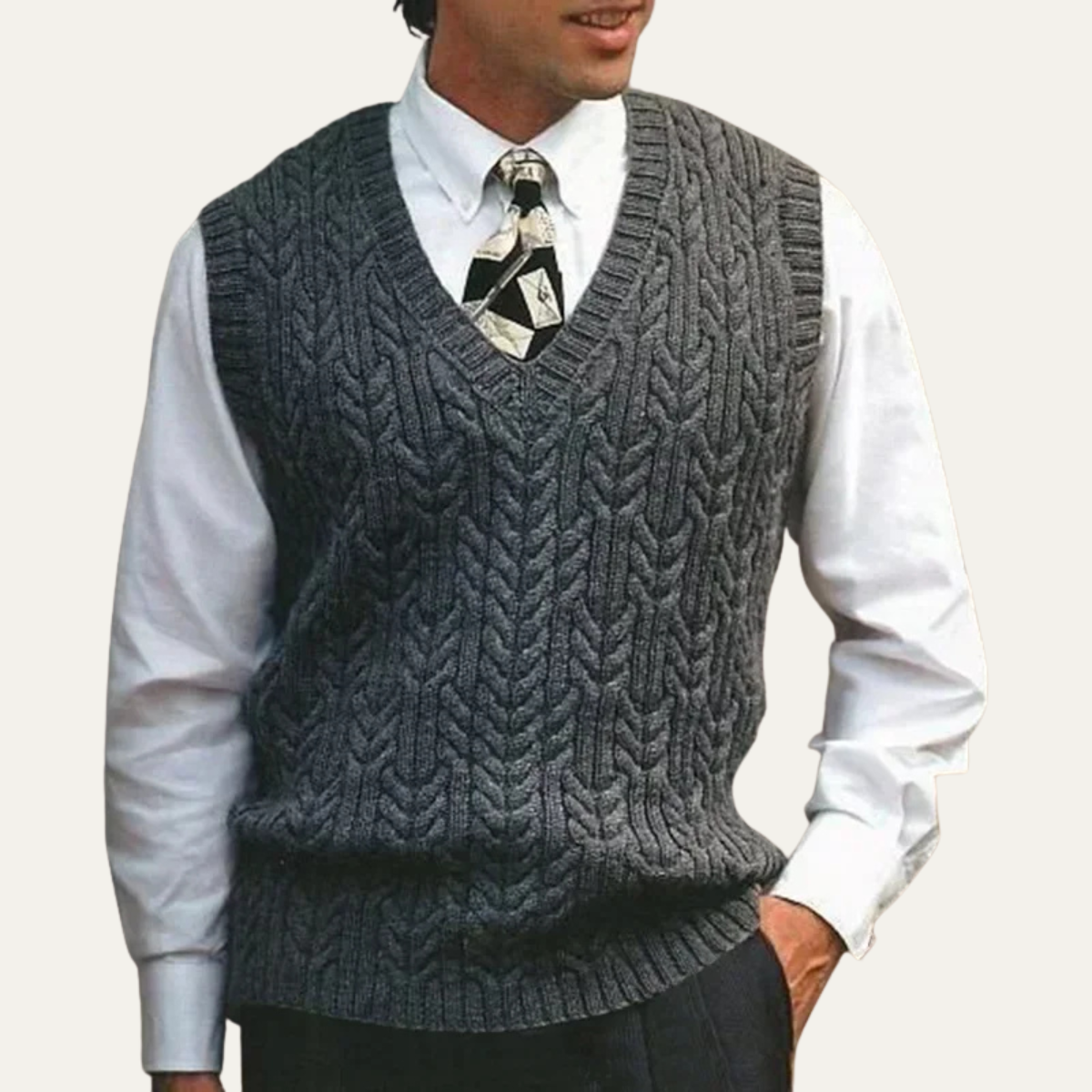 Men's dark gray cable-knit V-neck sweater vest with textured chevron pattern