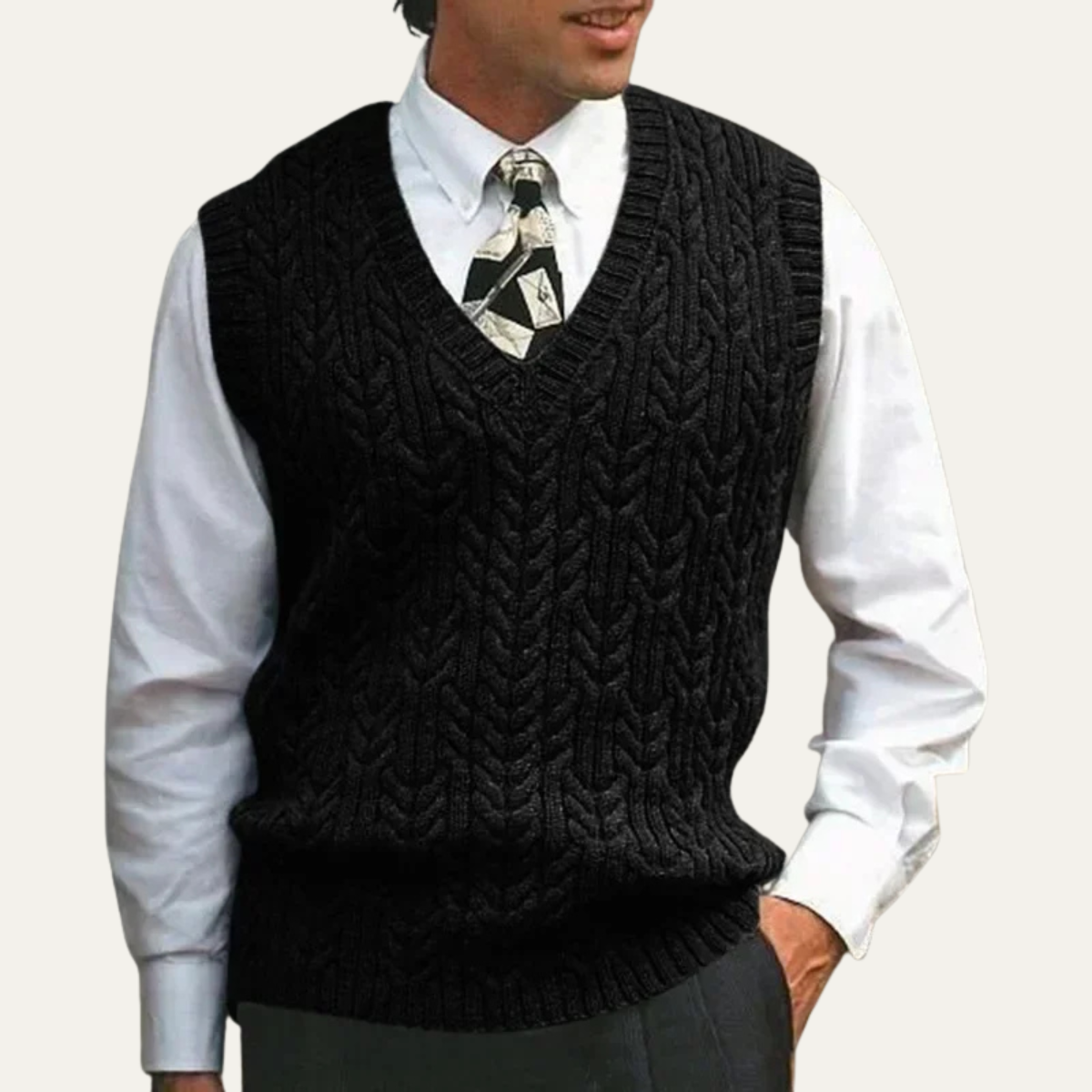 Men's black cable-knit V-neck sweater vest, sleeveless ribbed edges