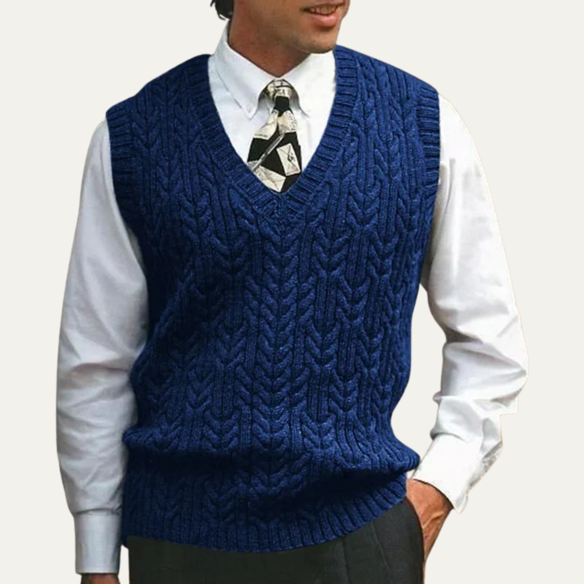 Men's blue cable-knit V-neck sweater vest, sleeveless ribbed hem