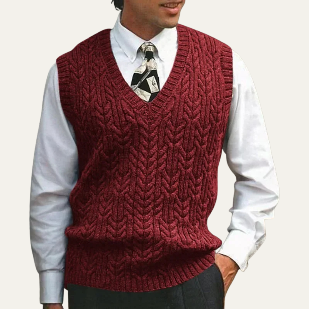 Men's burgundy cable-knit V-neck sweater vest, sleeveless ribbed hem