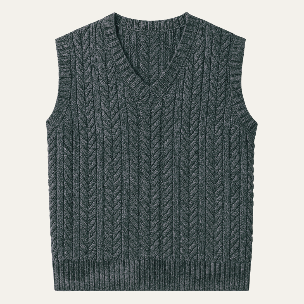 Men's dark gray cable-knit V-neck sweater vest, sleeveless ribbed hem