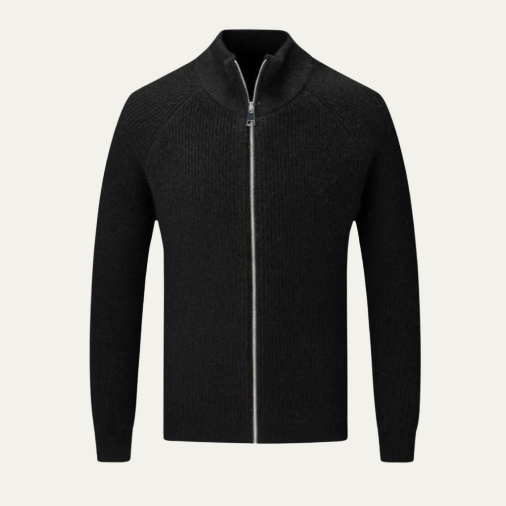 Men's black merino wool zip-up cardigan with center zipper and ribbed knit texture.