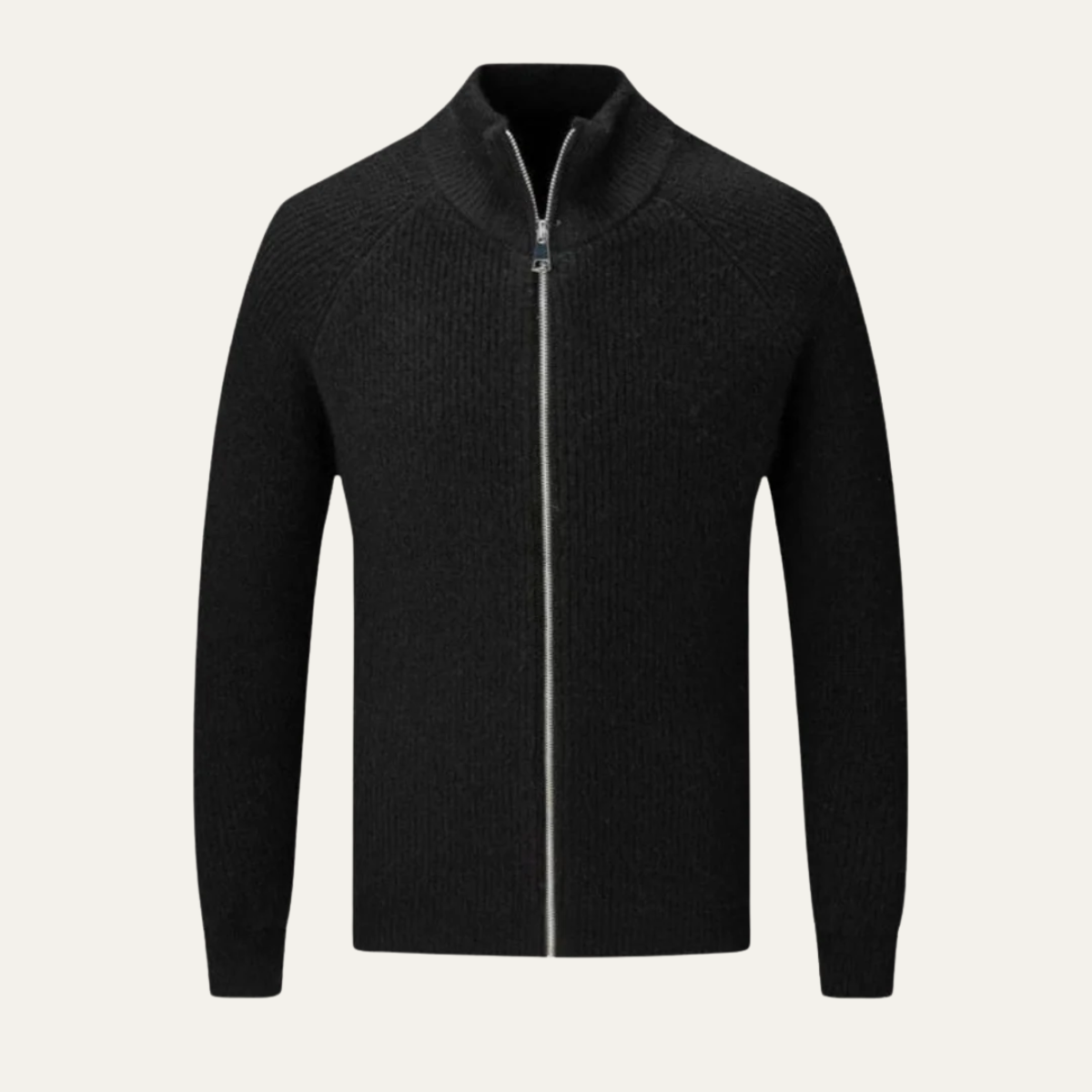 Men's black merino wool zip-up cardigan with center zipper and ribbed knit texture.