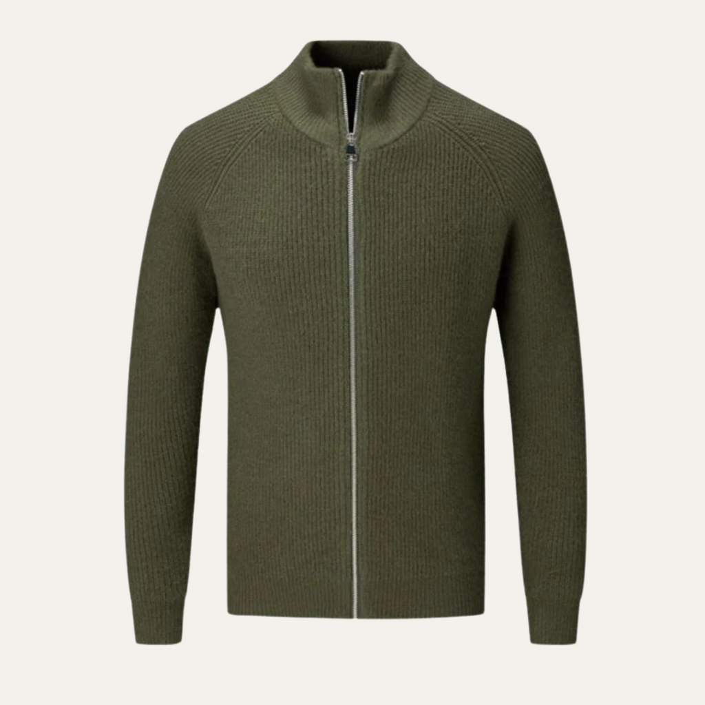 Men's green merino wool zip-up cardigan with mock neck and full-length front zipper.