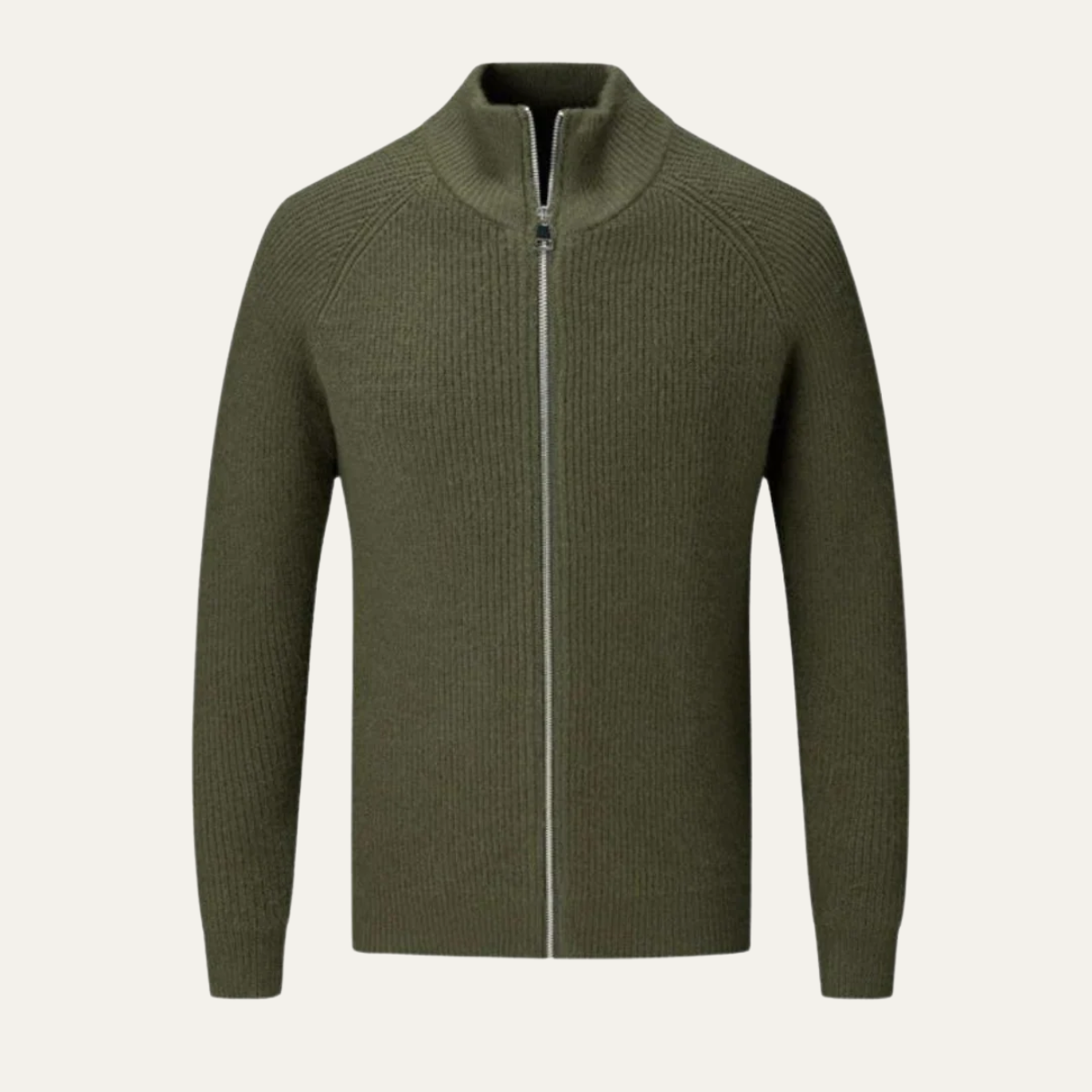 Men's green merino wool zip-up cardigan with mock neck and full-length front zipper.