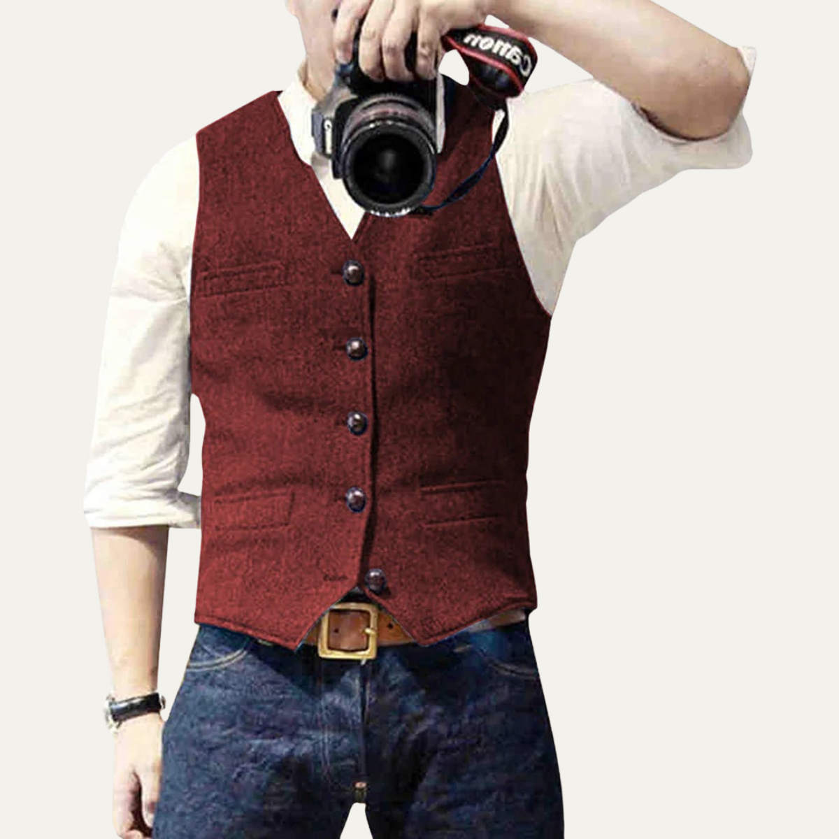 Men's burgundy button-up vest with V-neck, four dark buttons, and front pockets