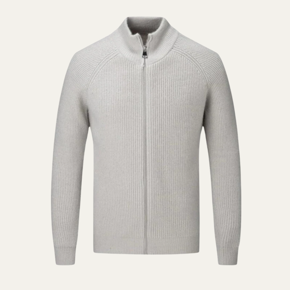 Men's light gray merino wool zip-up cardigan with mock neck and center front zipper.