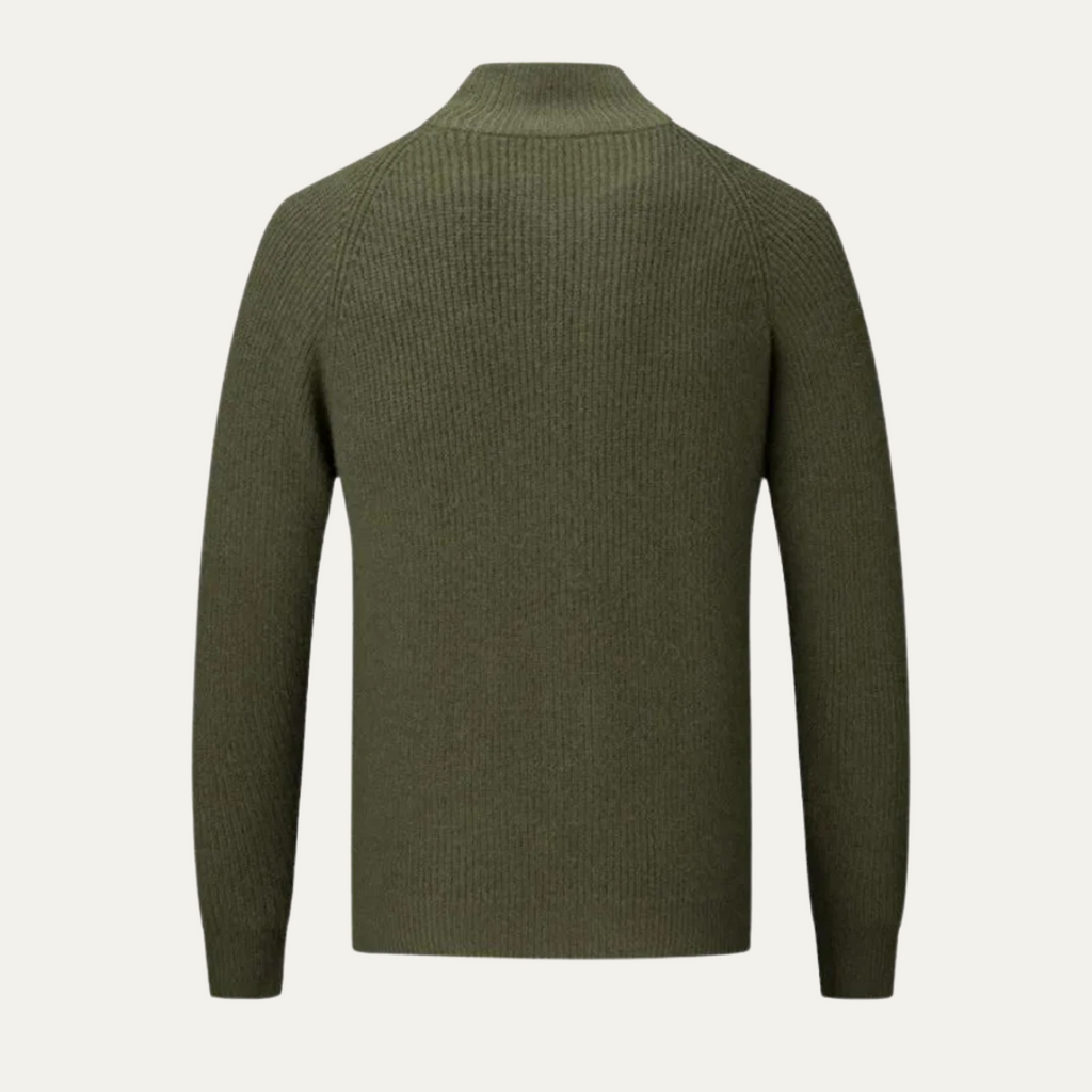 Men's green merino wool zip-up cardigan, back view with ribbed hem and sleeves.