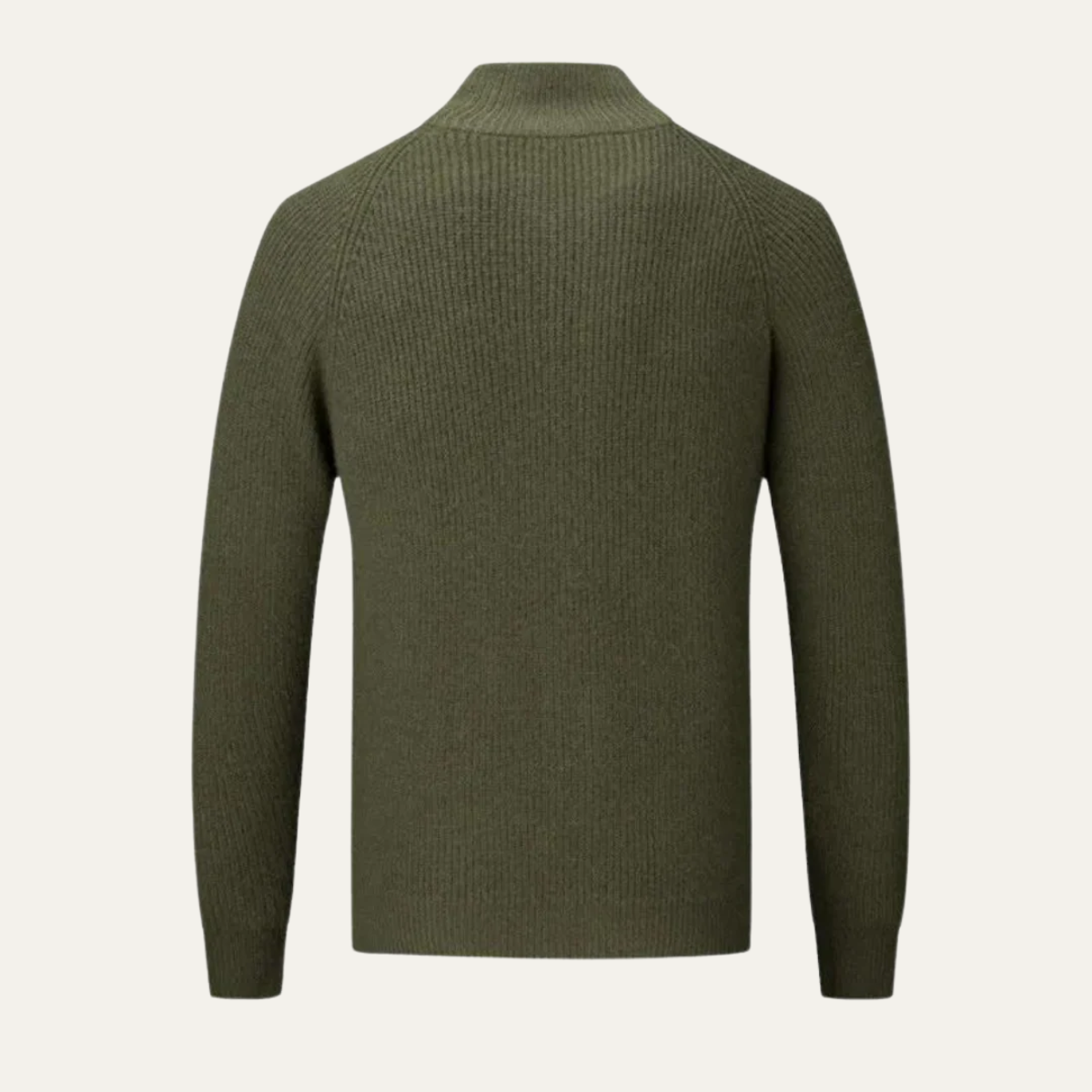 Men's green merino wool zip-up cardigan, back view with ribbed hem and sleeves.