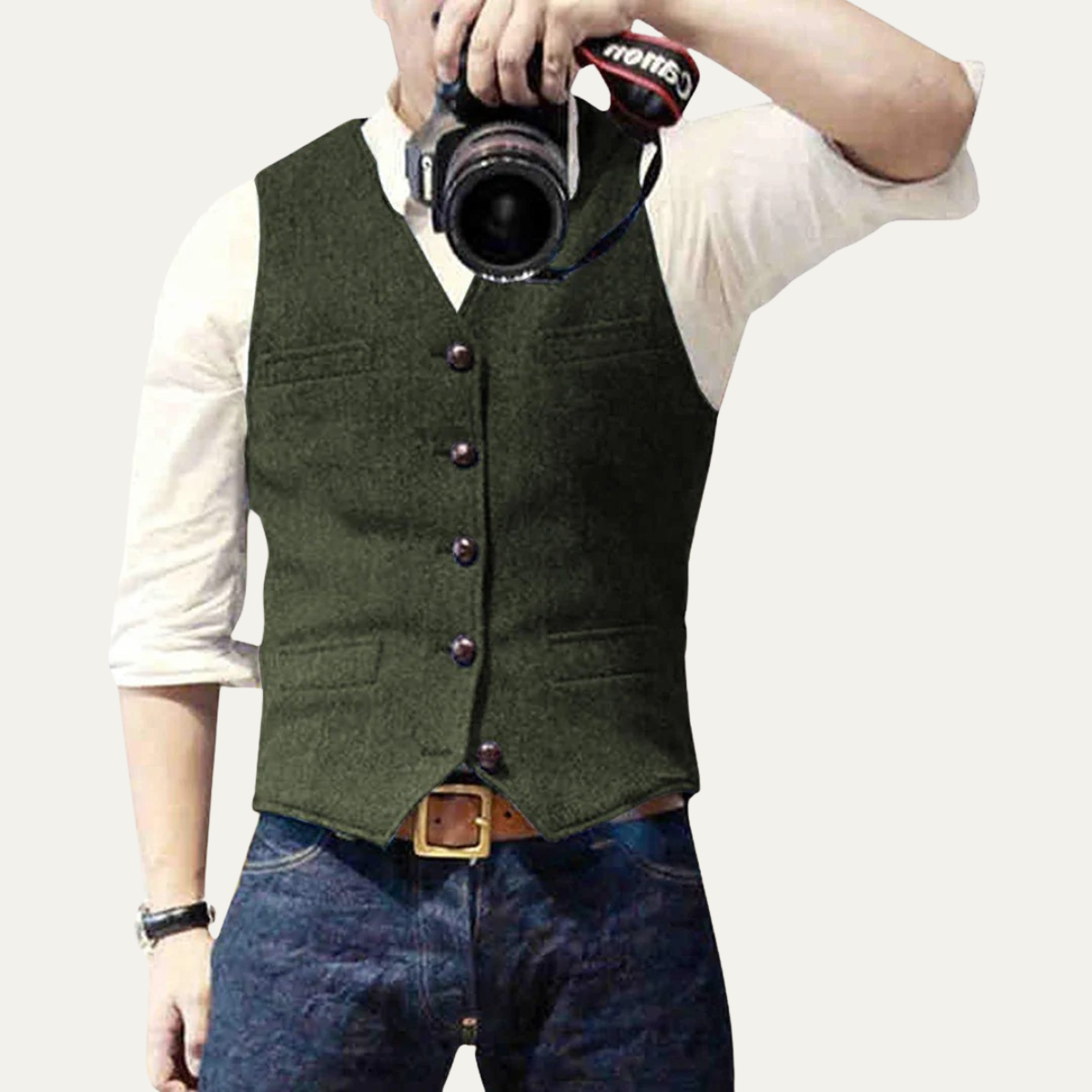Green men’s sweater vest with V-neck, button front, and patch pockets.