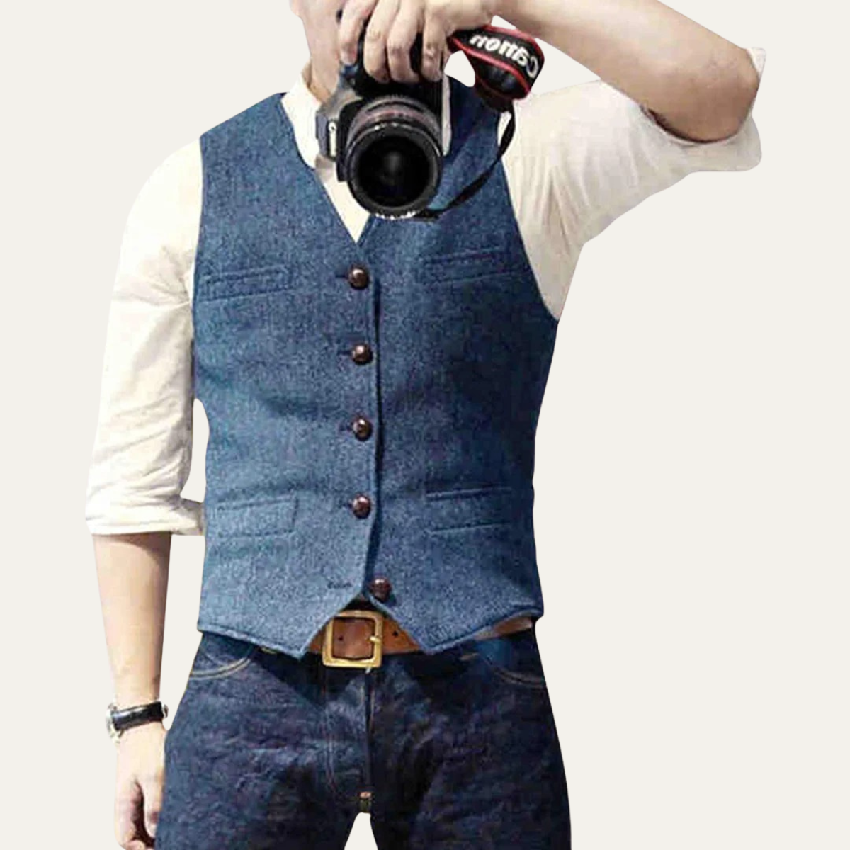 Sky blue men’s sweater vest with V-neck and button front with patch pockets.