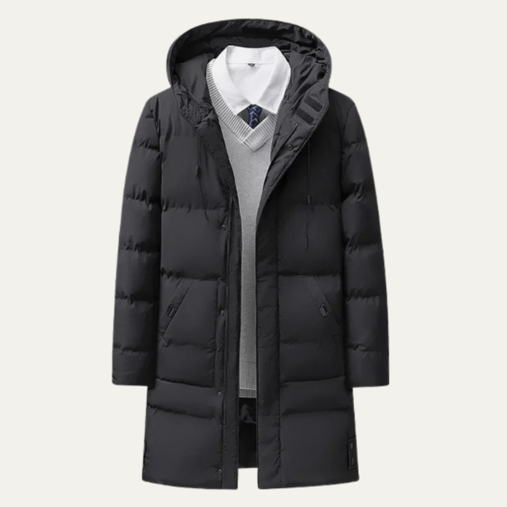 Black long hooded puffer jacket with quilted panels, front zipper, and flap pockets