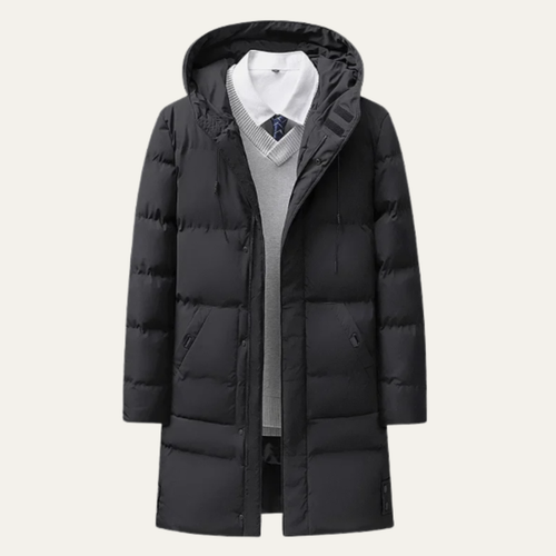 Black long hooded puffer jacket with quilted panels, front zipper, and flap pockets