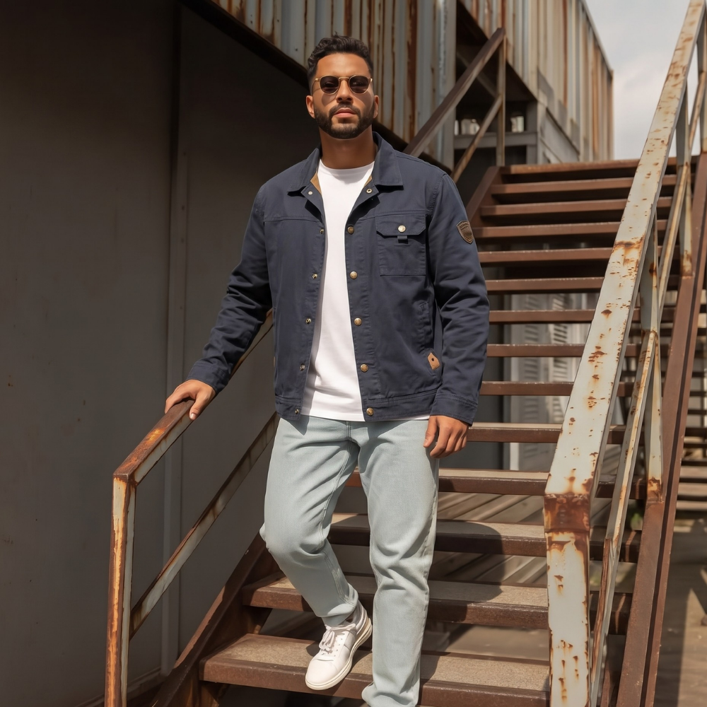 Navy men’s utility jacket worn with white shirt; chest pocket and button front visible
