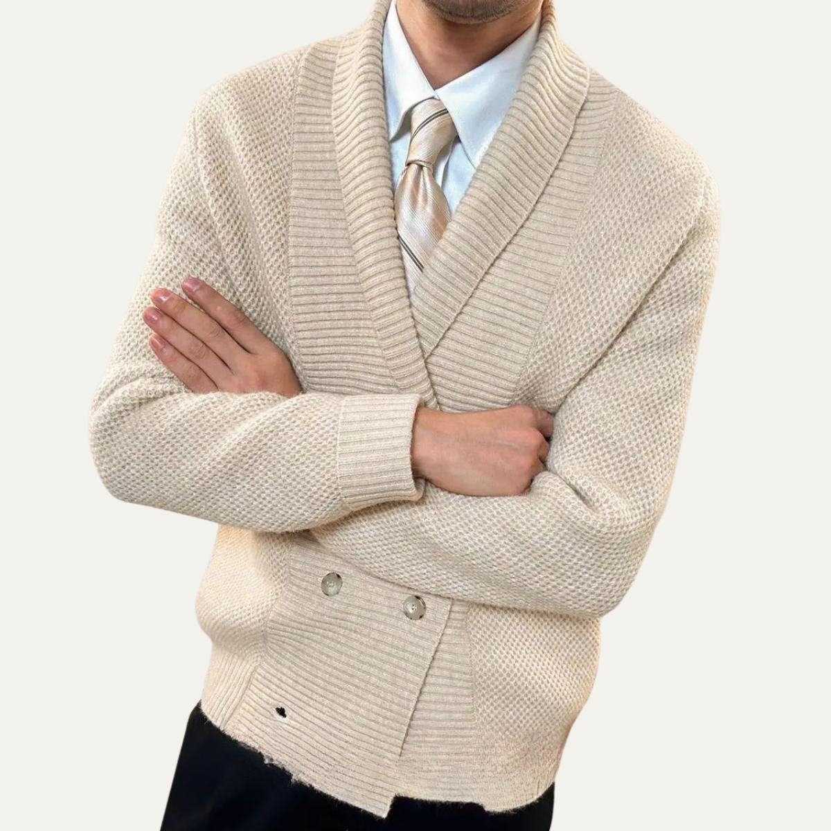 Beige chunky knit double-breasted cardigan with shawl collar and metal buttons