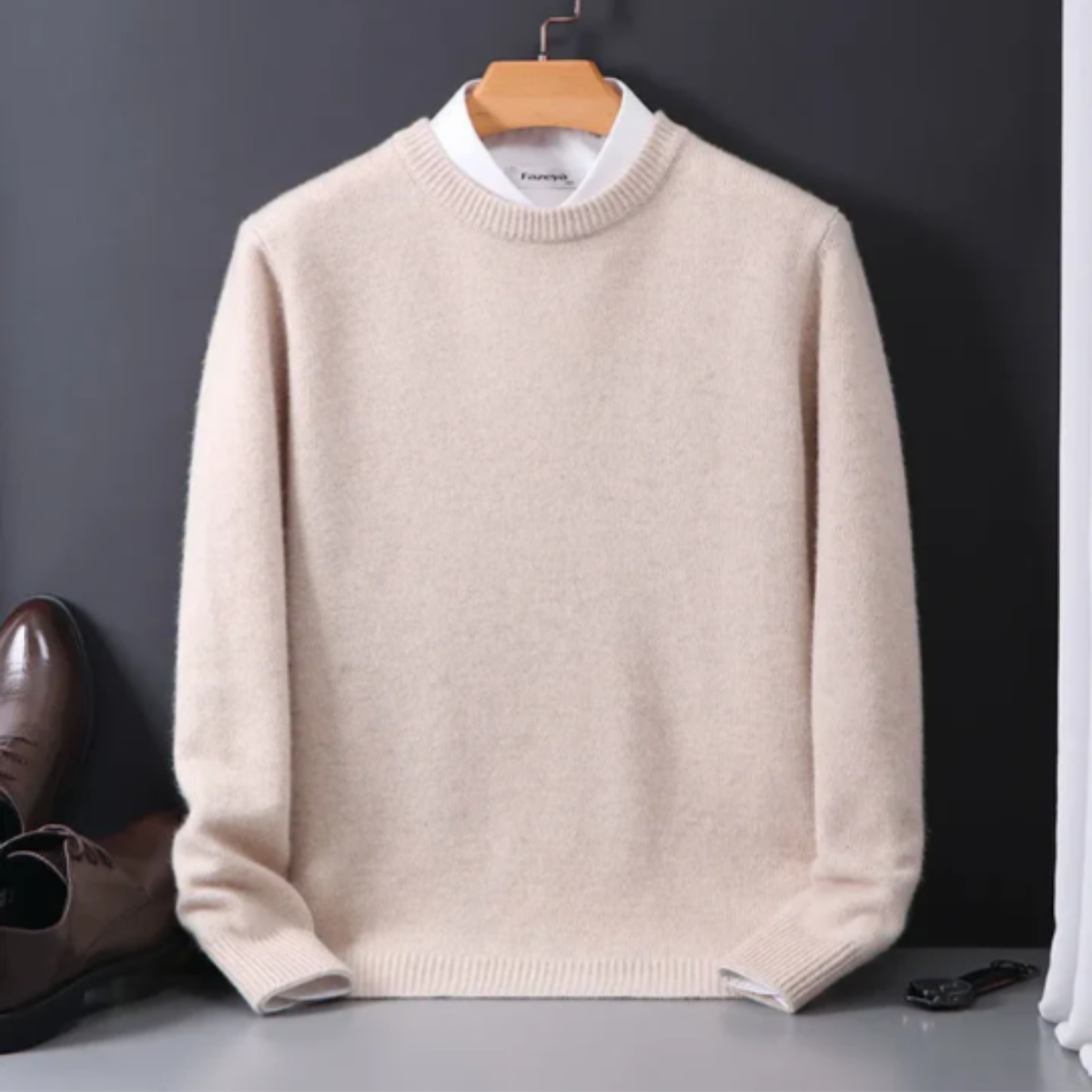 Men’s cashmere crew neck sweater on hanger, long sleeves, beige knit