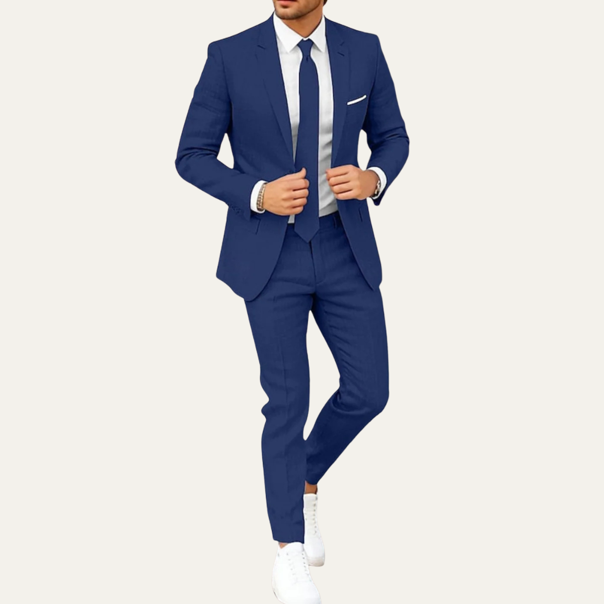 Men's lightweight navy blue suit set with blazer and matching dress pants