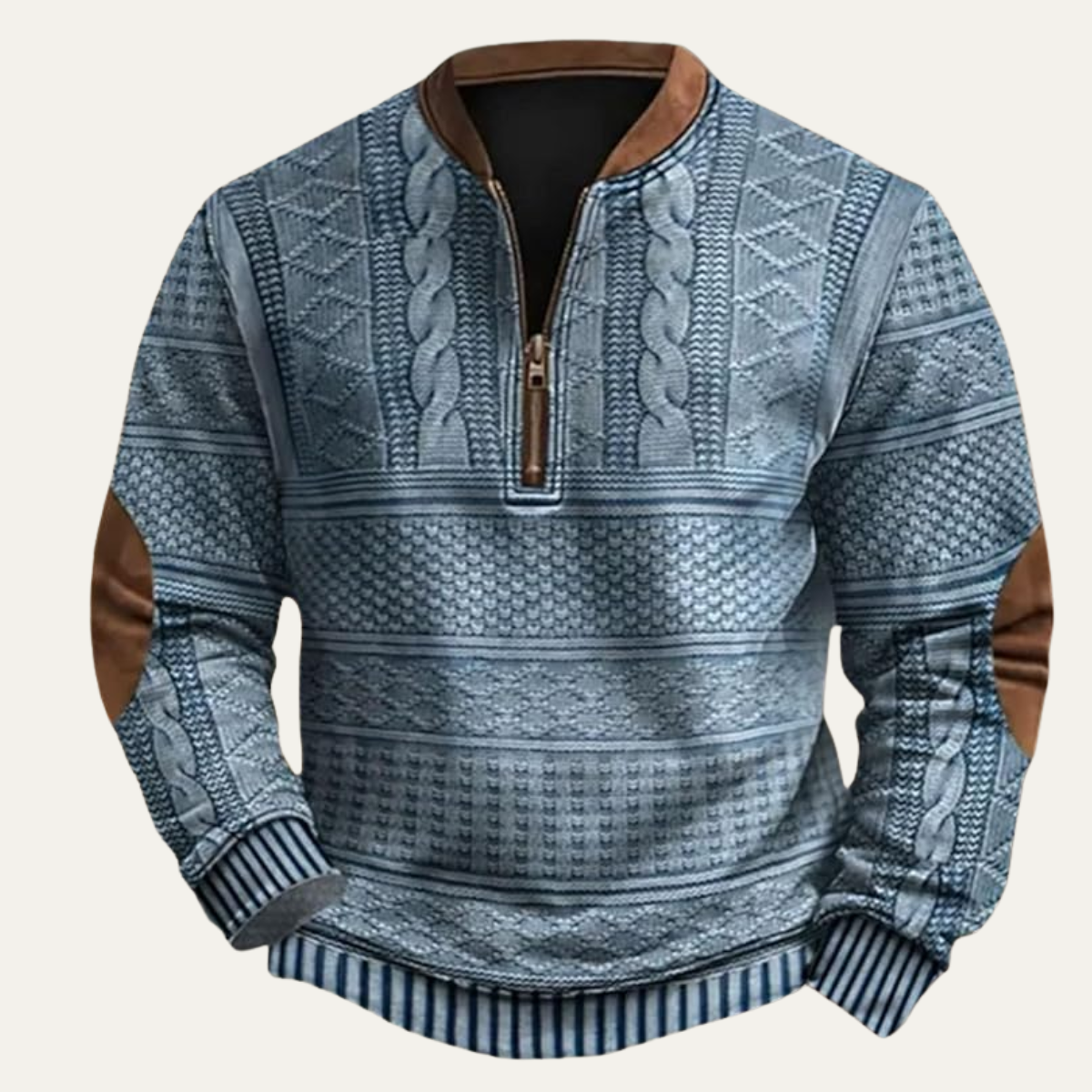 Men's blue patterned half-zip sweater with elbow patches, textured stripe and cable knit