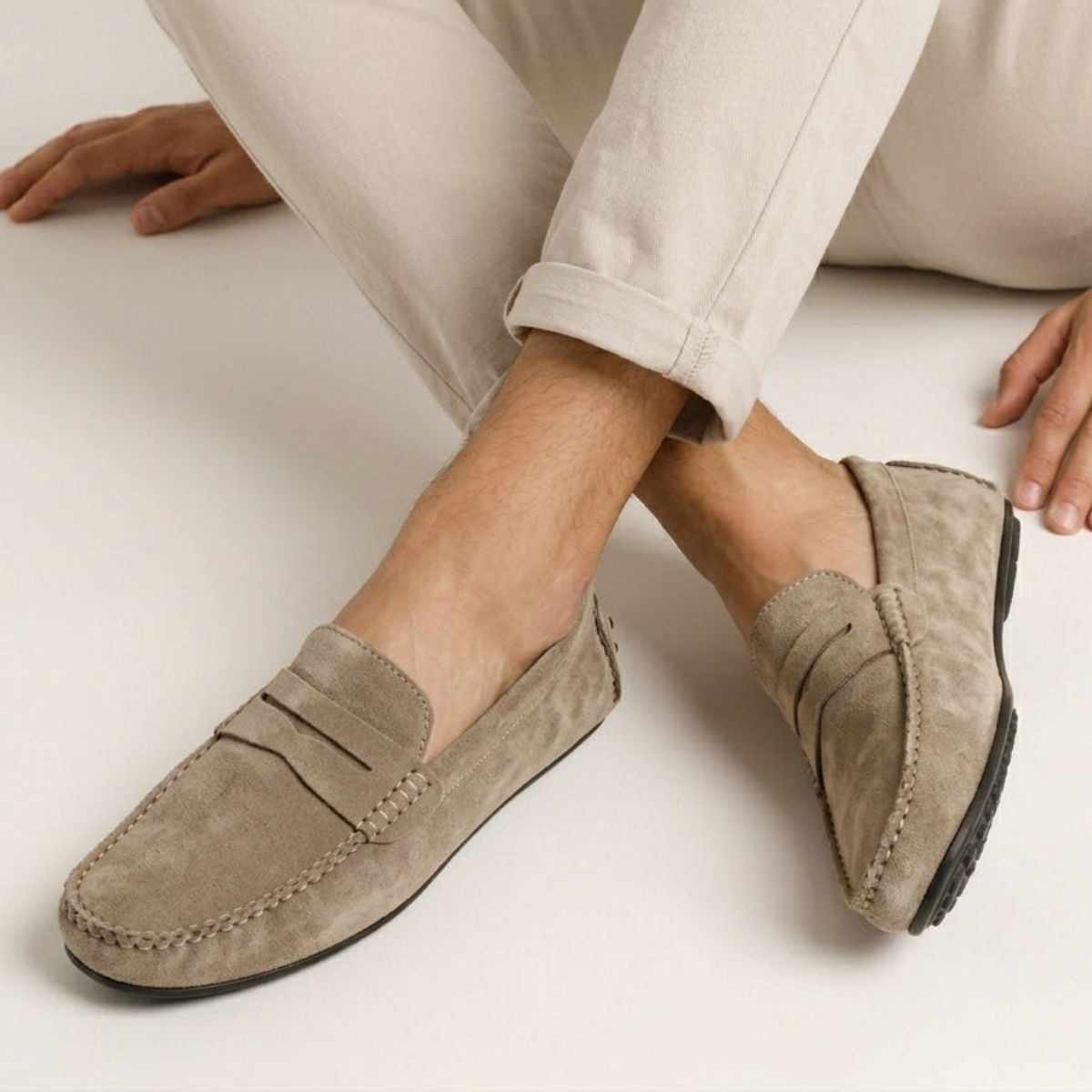 Khaki suede moccasin loafers, slip-on style with stitched vamp seam and braided trim detail.