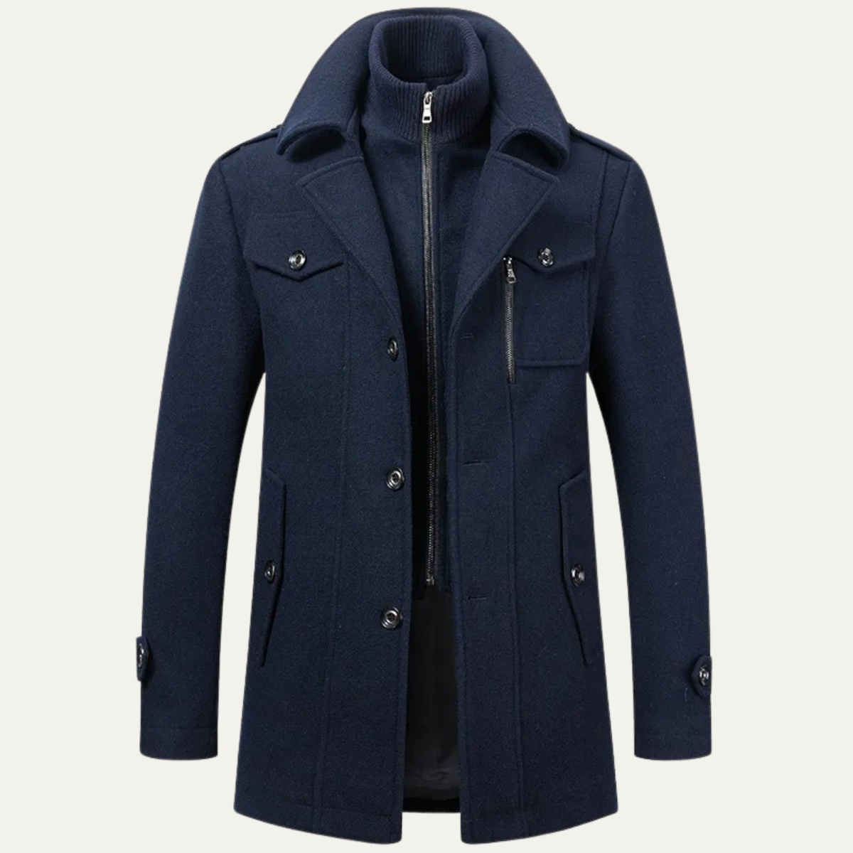 Men's wool-blend coat in navy, stand collar with knit trim, front zipper, flap pockets