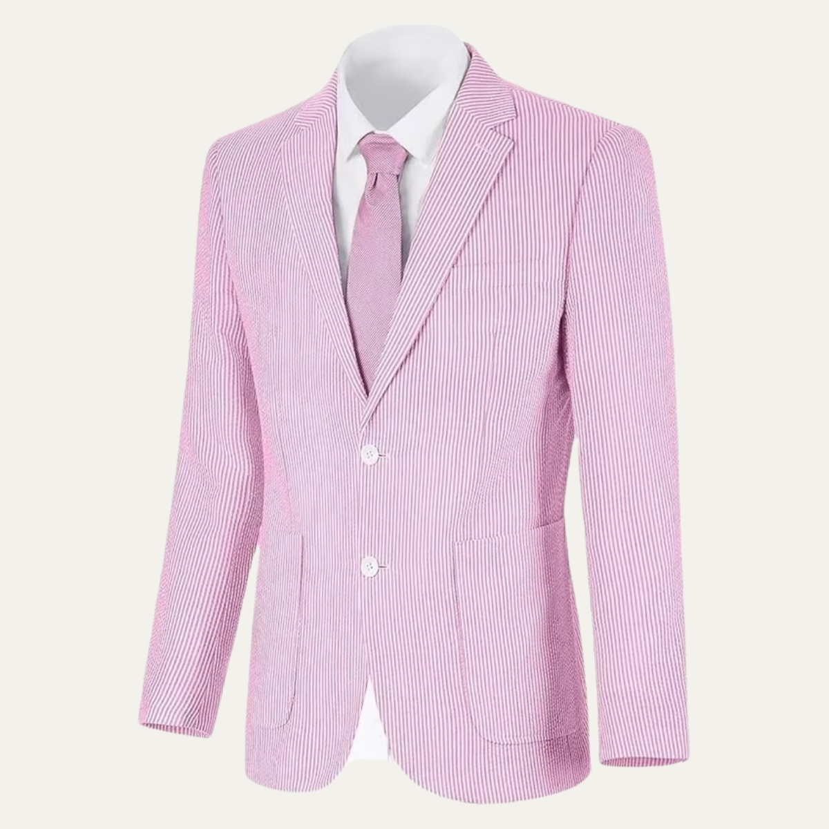 Light pink pinstripe smart blazer with notch lapels, single-breasted front and pocket.
