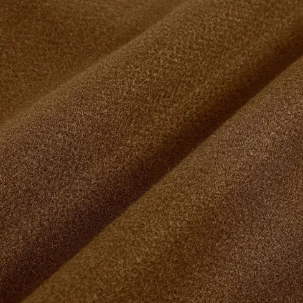 Men’s brown overcoat fabric close-up with fine textured weave