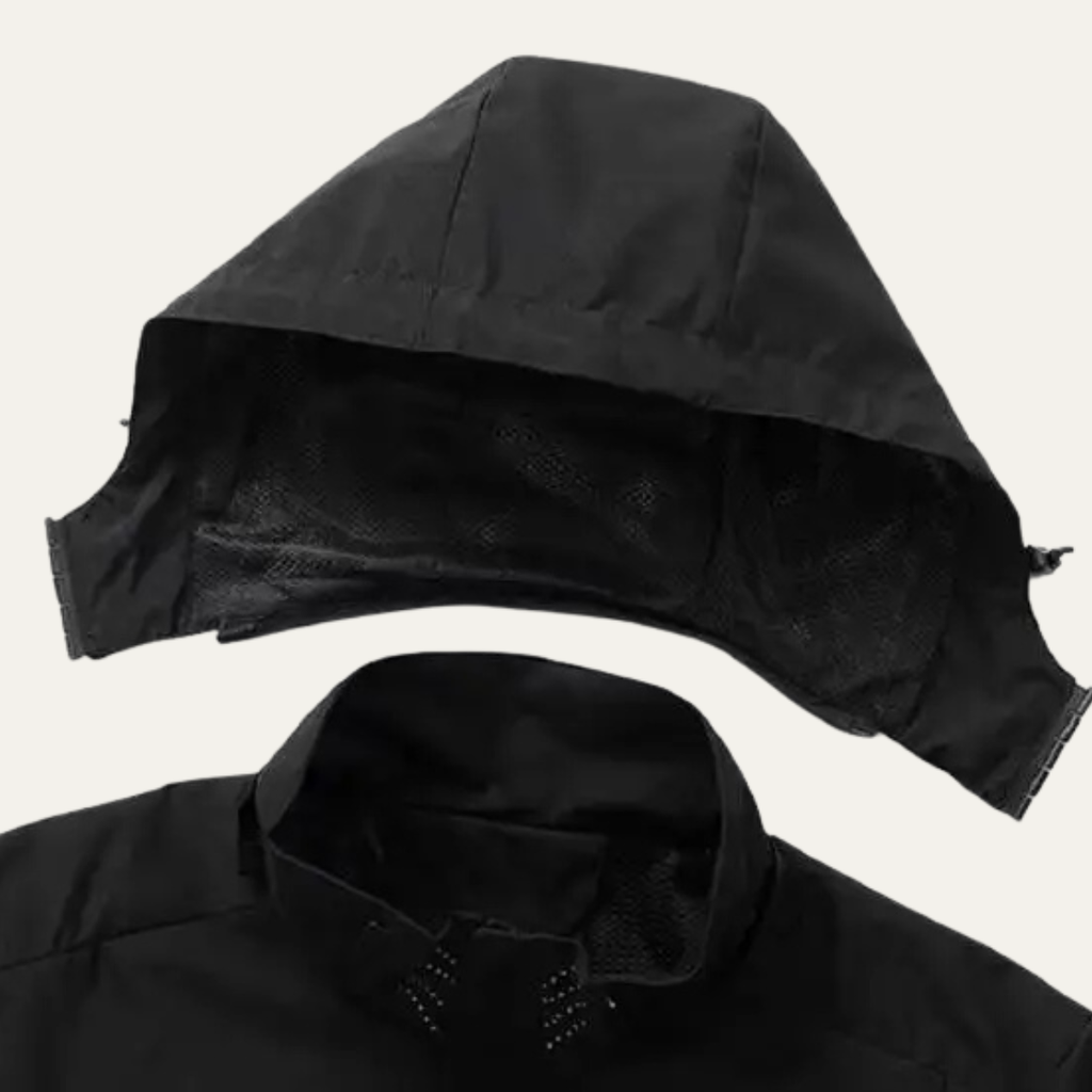 Black hood detail with adjustable drawcord and textured interior lining