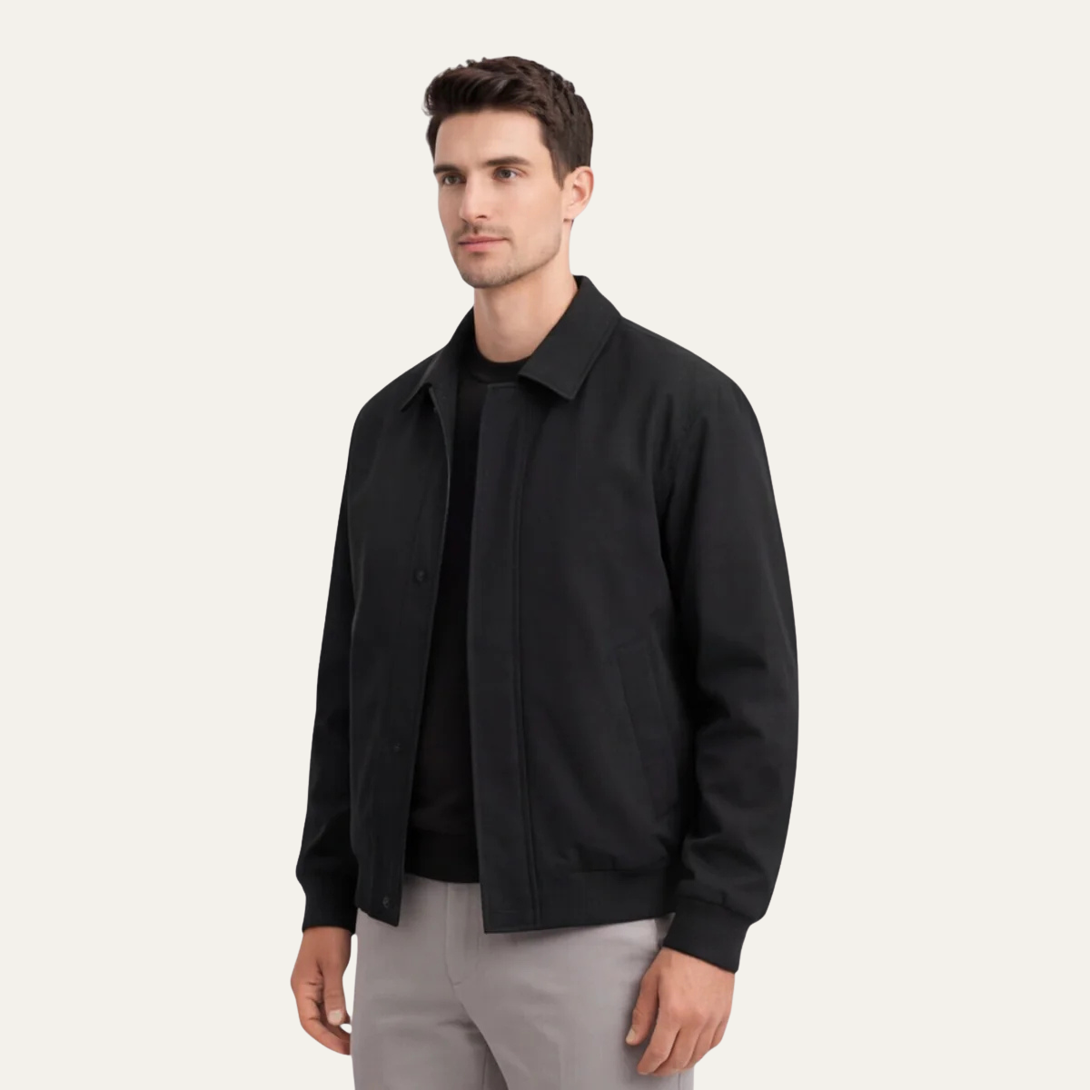 Men's black lightweight button jacket with point collar and ribbed cuffs