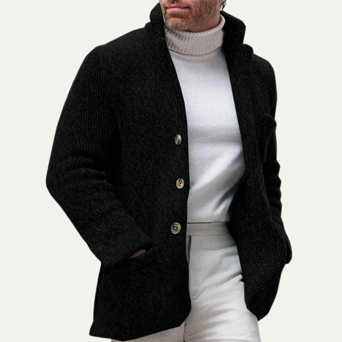 Men's black knitted cardigan with button front, shawl collar, and ribbed cuffs