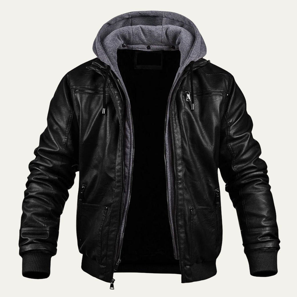Men's black hooded leather bomber jacket with front zip and ribbed cuffs