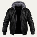 Men's black hooded leather bomber jacket with front zip and ribbed cuffs