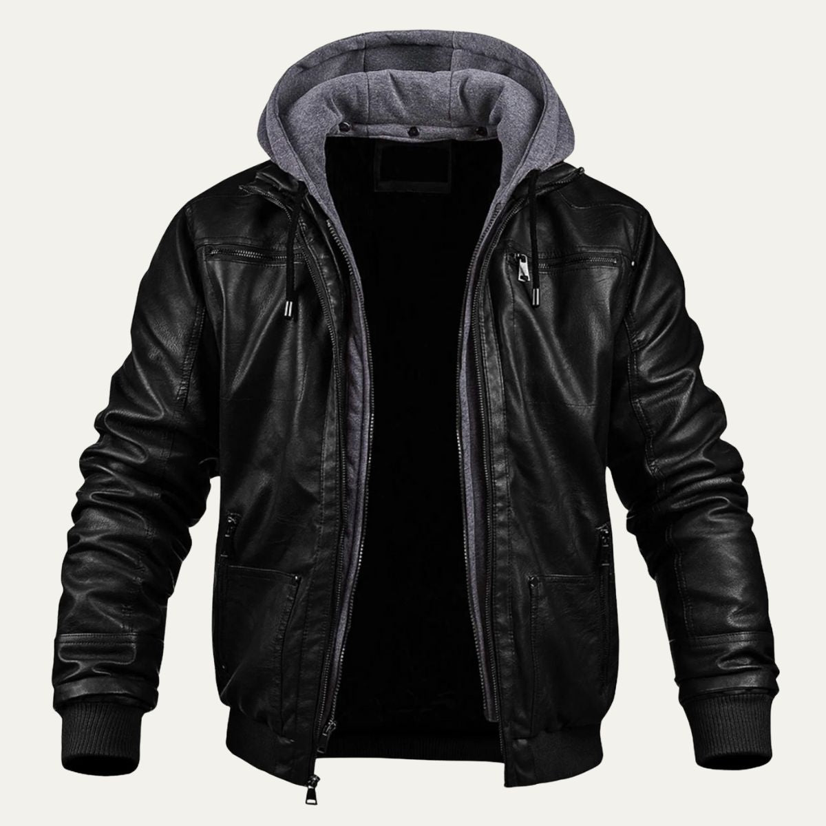 Men's black hooded leather bomber jacket with front zip and ribbed cuffs