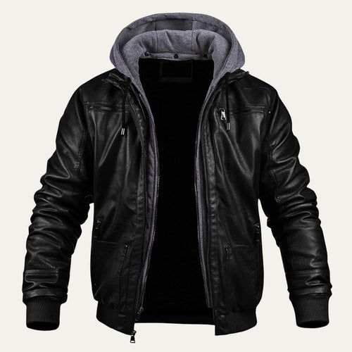 Men's black hooded leather bomber jacket with front zip and ribbed cuffs