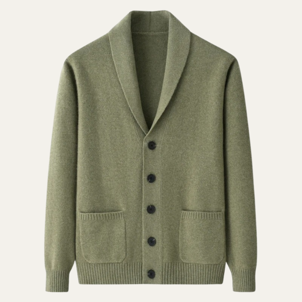 Men’s camel green shawl-collar knit cardigan with button front and patch pockets