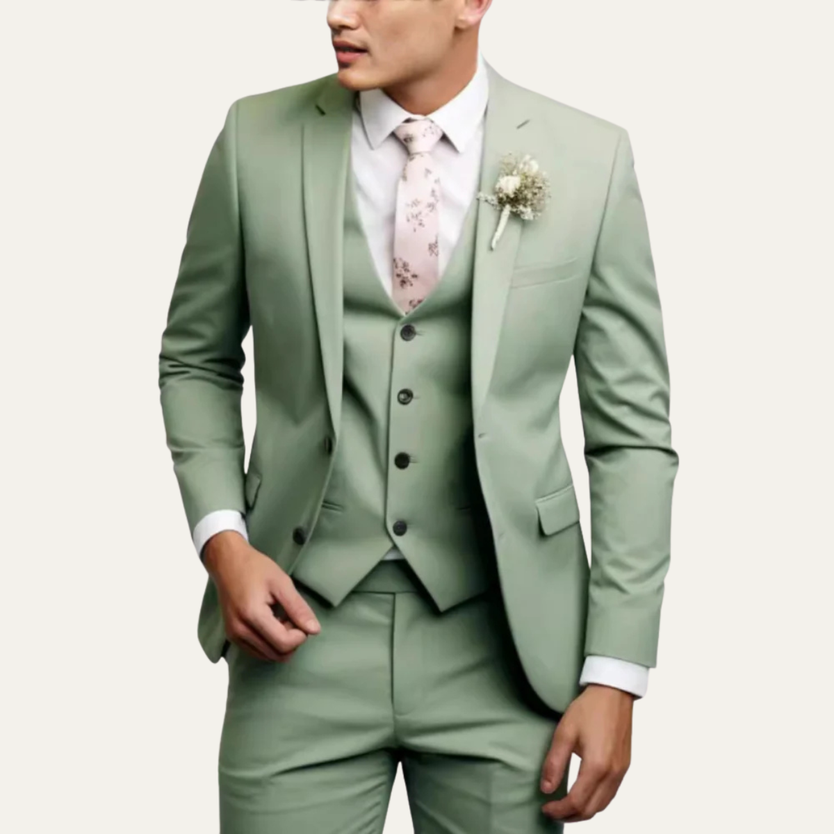 Men's 3-piece slim-fit suit set in light green with jacket, vest, and matching trousers.