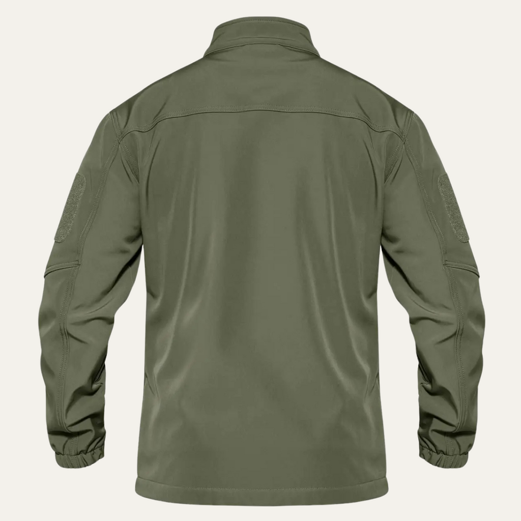 Men's tactical windproof jacket, olive green back view with full-zip and stand collar