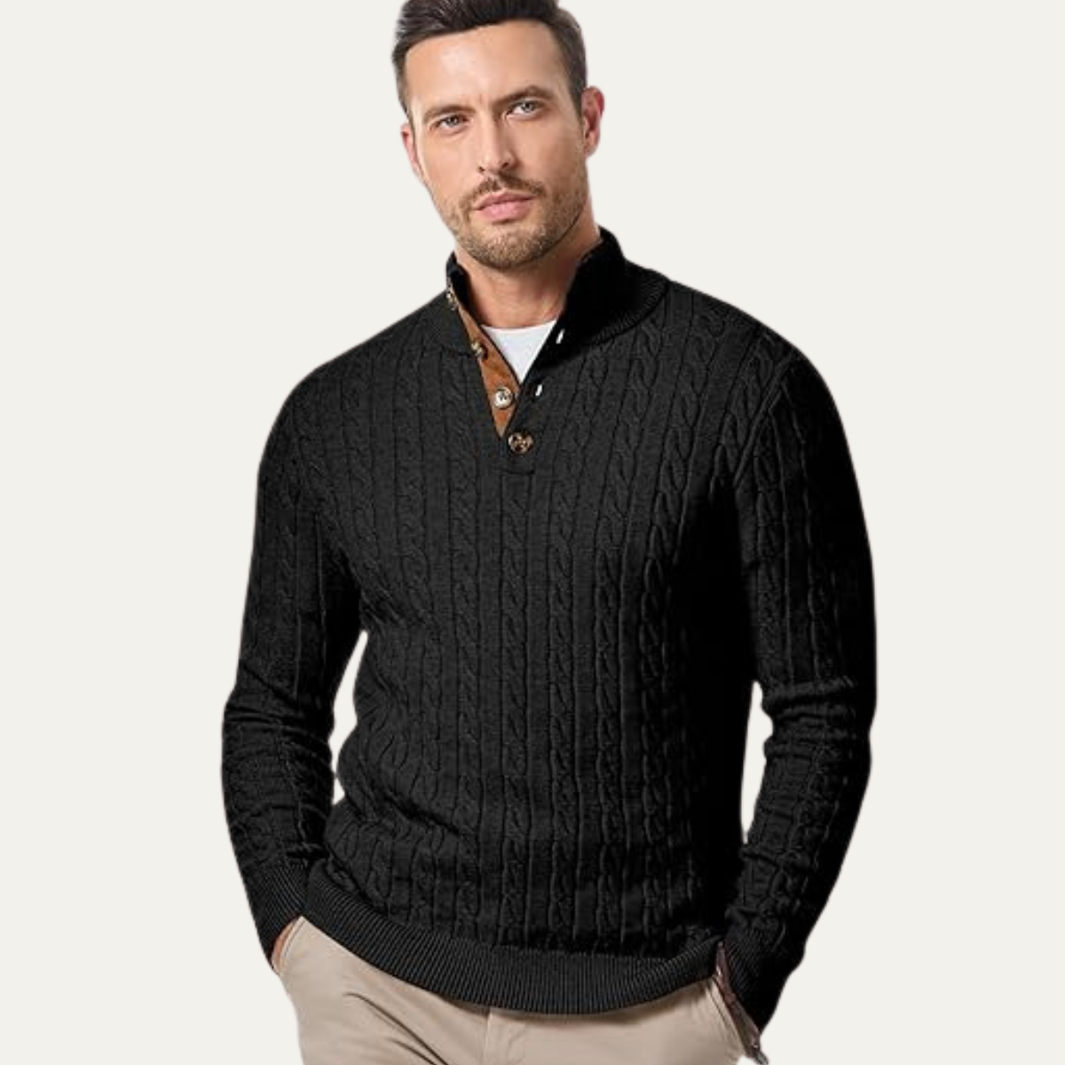 Men's black cable-knit collar stand sweater, front view with button placket