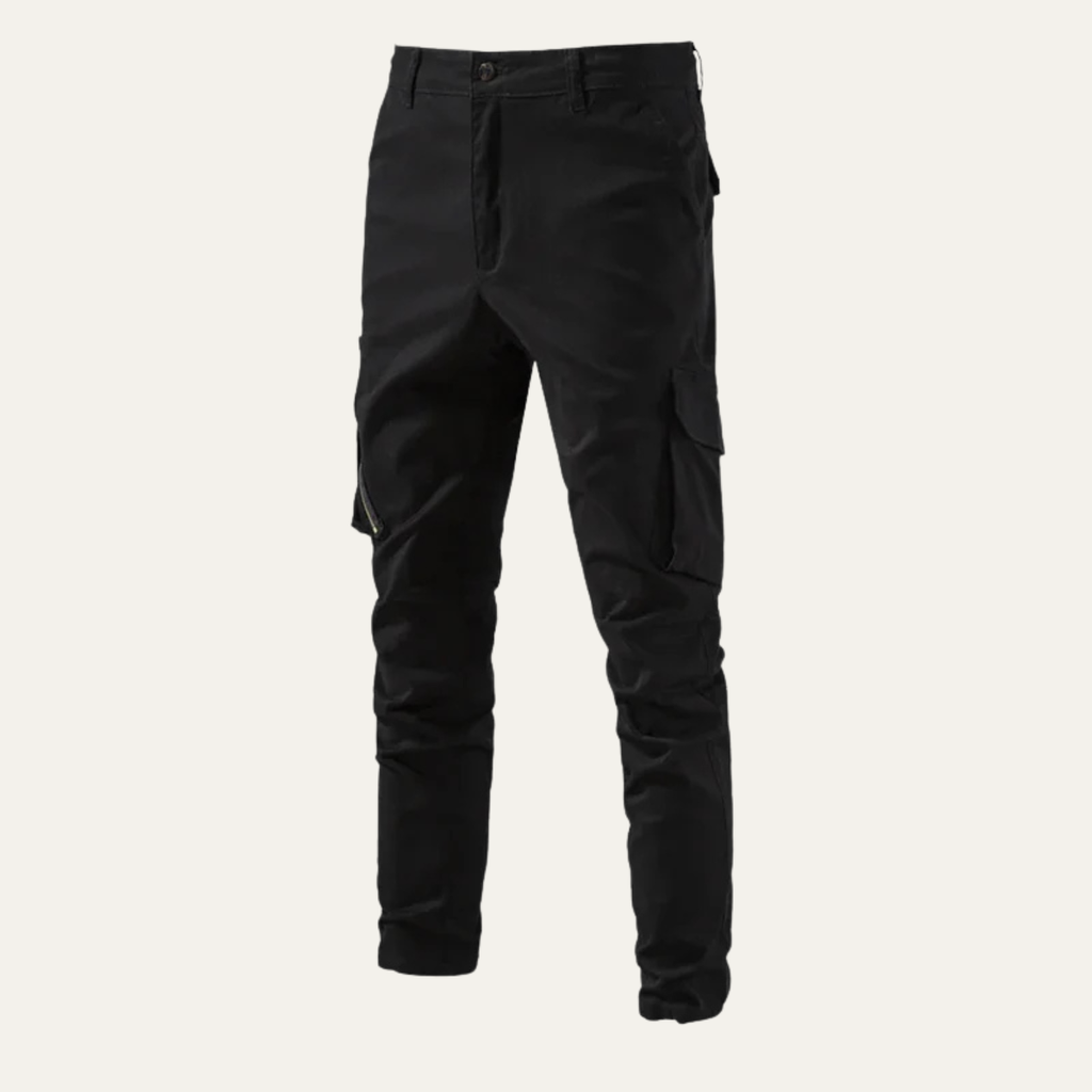 Black cargo jogger pants with side cargo pockets and tapered legs