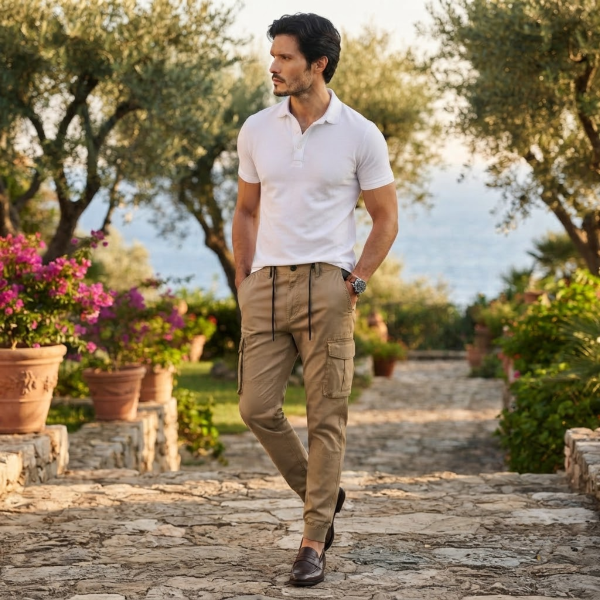 Khaki cargo jogger pants on model, drawstring waist and cargo pockets