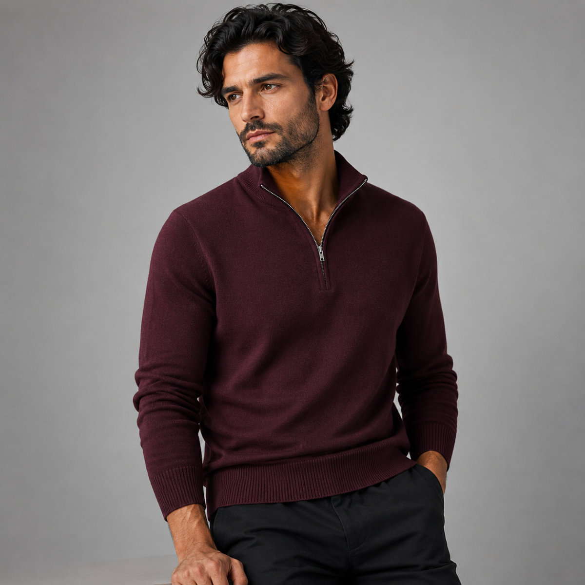 Men's quarter-zip mock neck sweater in burgundy on model, ribbed hem