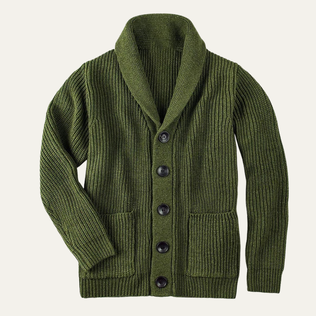 Men's shawl-collar knit wool button cardigan in army green with four dark buttons