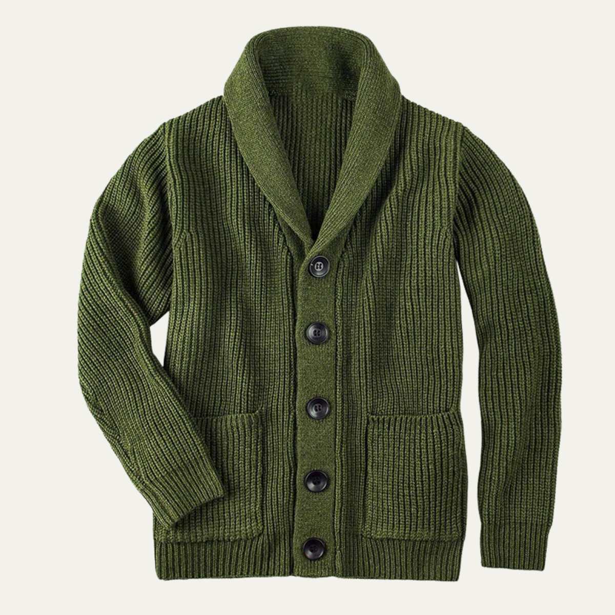 Men's shawl-collar knit wool button cardigan in army green with four dark buttons