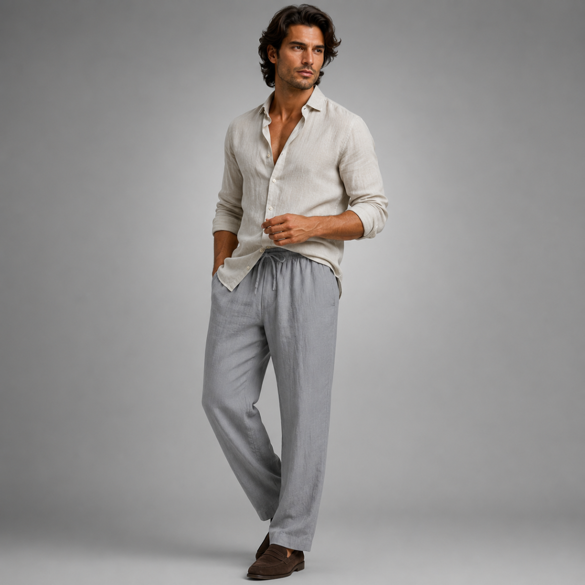 Men's gray linen loose-fit pants with elastic waistband and drawstring