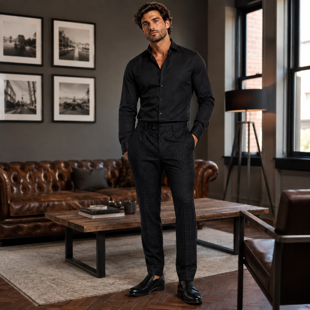 Men's slim-fit checked pants in black plaid, styled with dress shoes