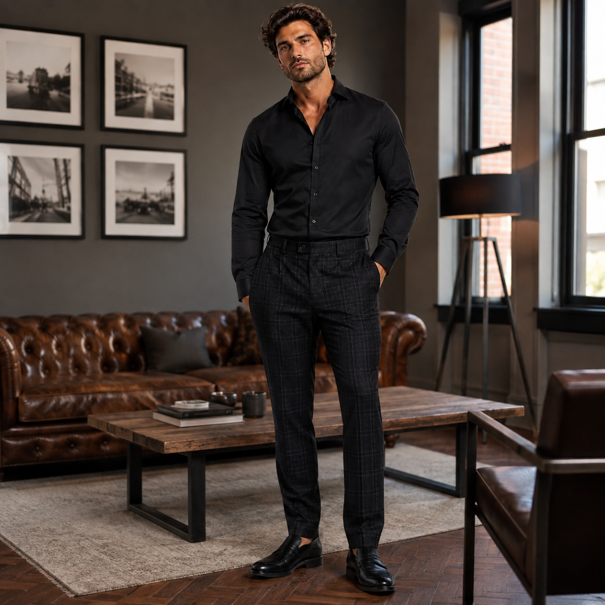 Men's slim-fit checked pants in black plaid, styled with dress shoes
