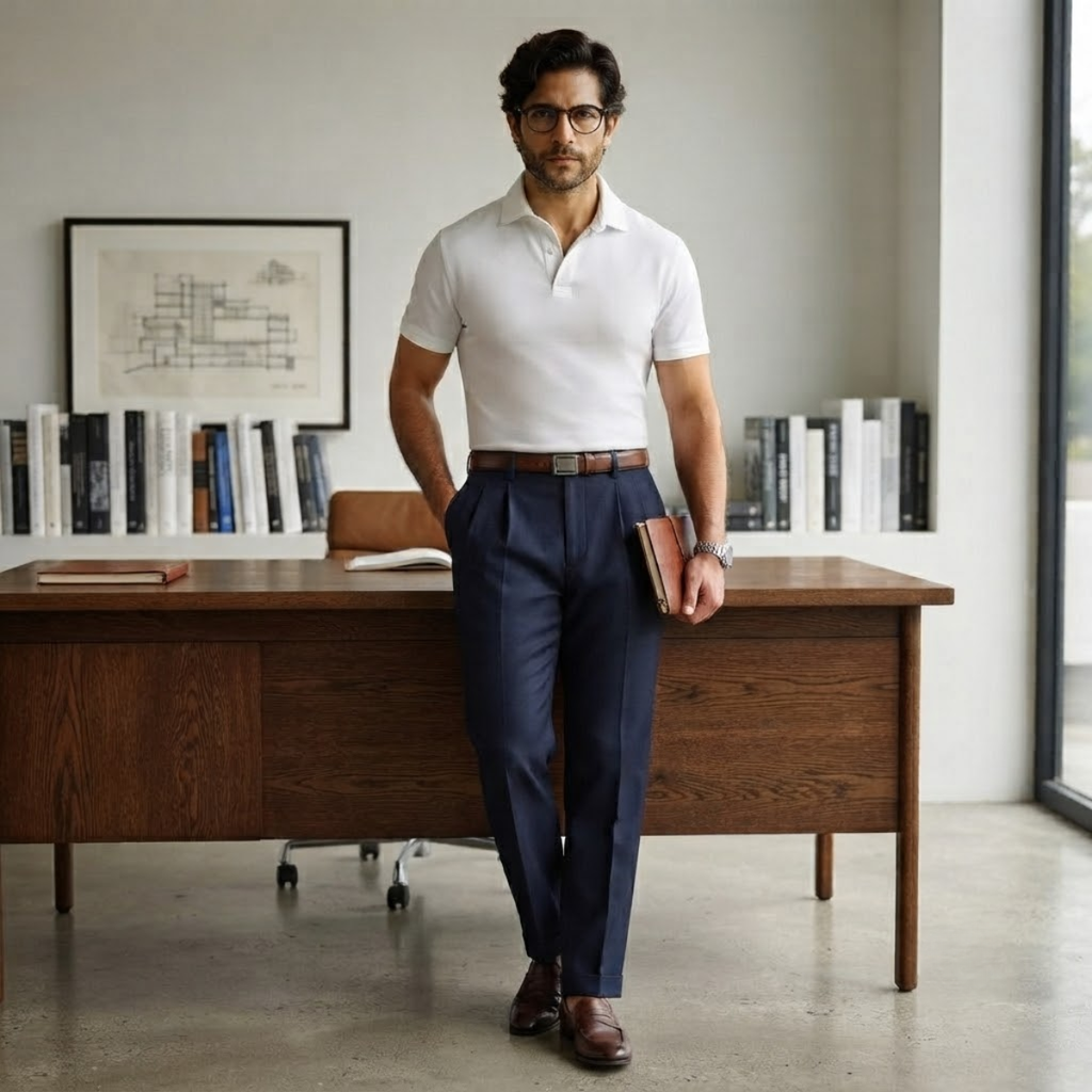 Men's double-pleated high-waist straight-leg pants in navy blue, belt loops, button fly