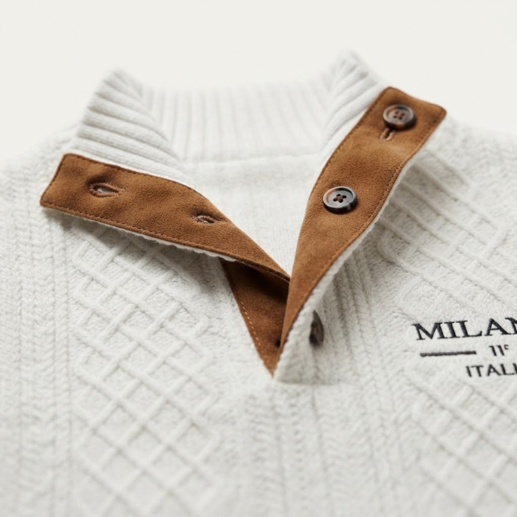White knit quarter-zip sweater with brown elbow patches and buttoned collar