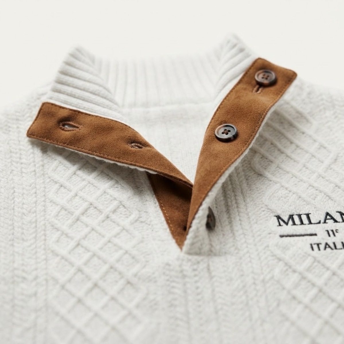 White knit quarter-zip sweater with brown elbow patches and buttoned collar