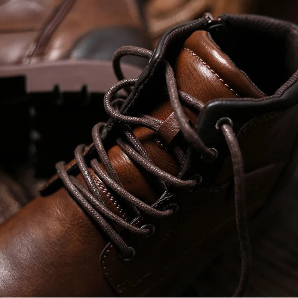 Brown leather lace-up combat boots, close-up of laces and stitched toe